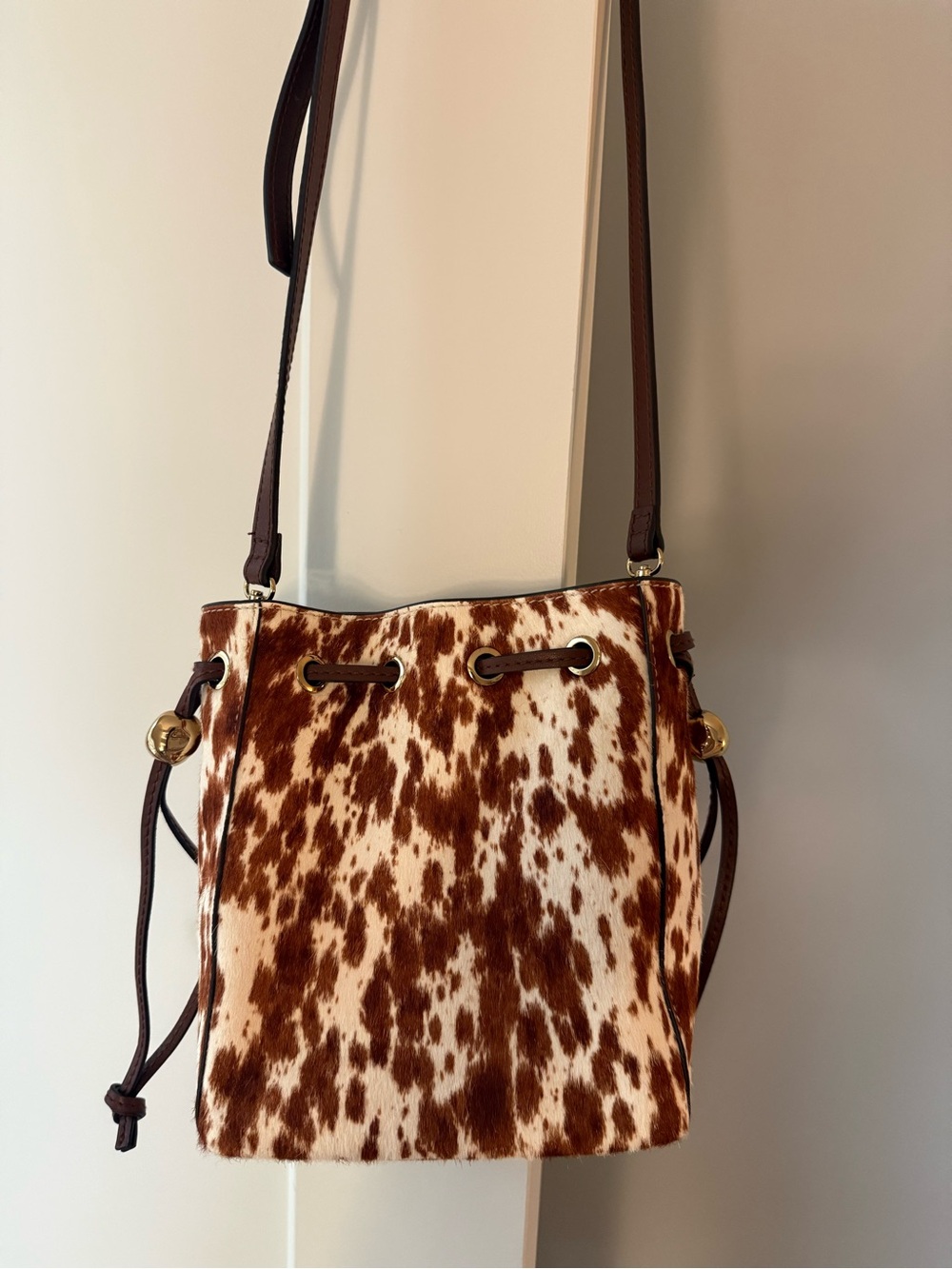 Madewell- Brown & White Cowhide Crossbody Bucket Bag